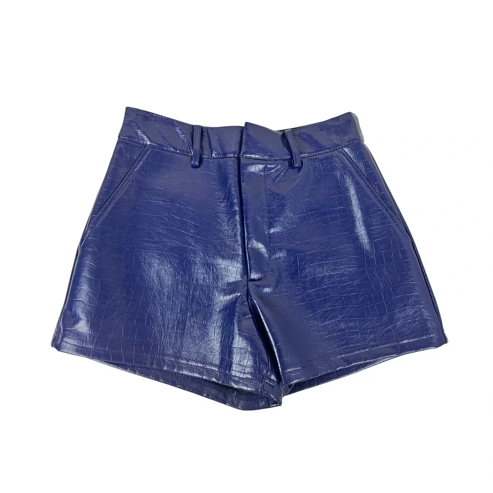 Noli Croc Shorts Womens Size 0 Blue New Faux Leather Embossed High Waist NY81513
